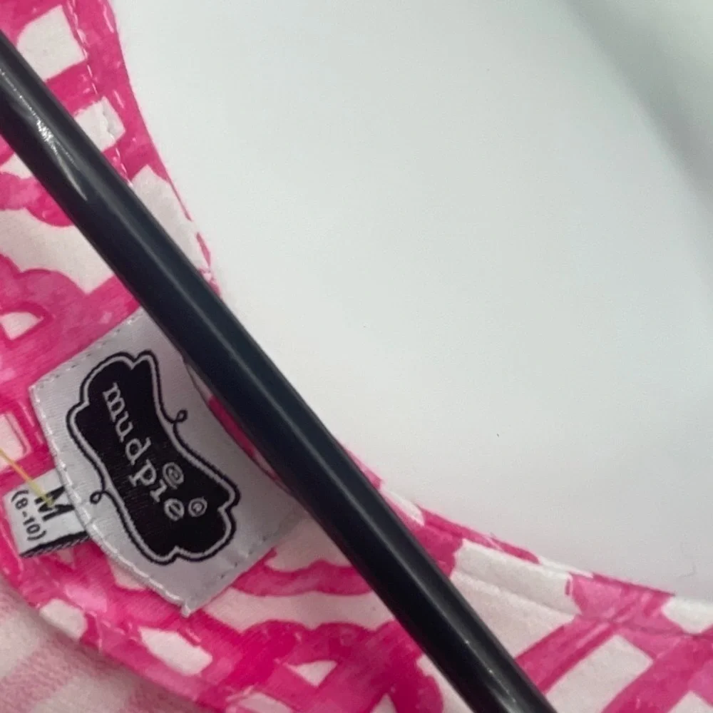 Mud Pie Boutique Sz M Pink White “Millie” Lattice Dress French Terry Lined - Picture 4 of 8